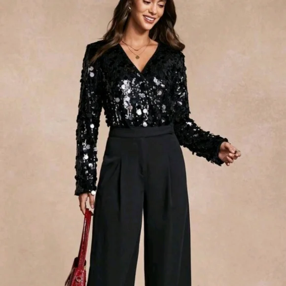 Sequin Black Wrap Top - Picture 4 of 5